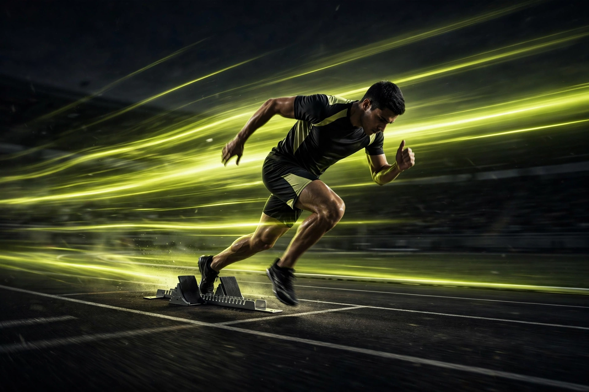 Runner exploding off the starting line on a dark track
