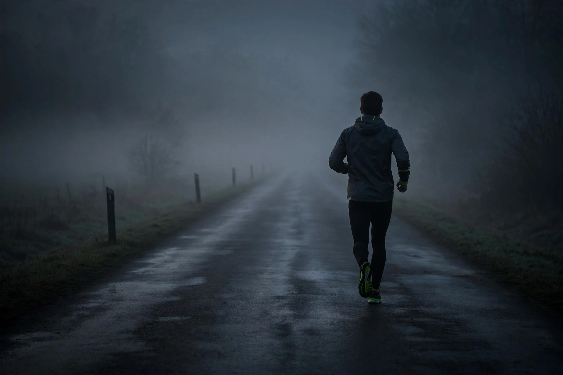Lone runner on an empty road at dawn