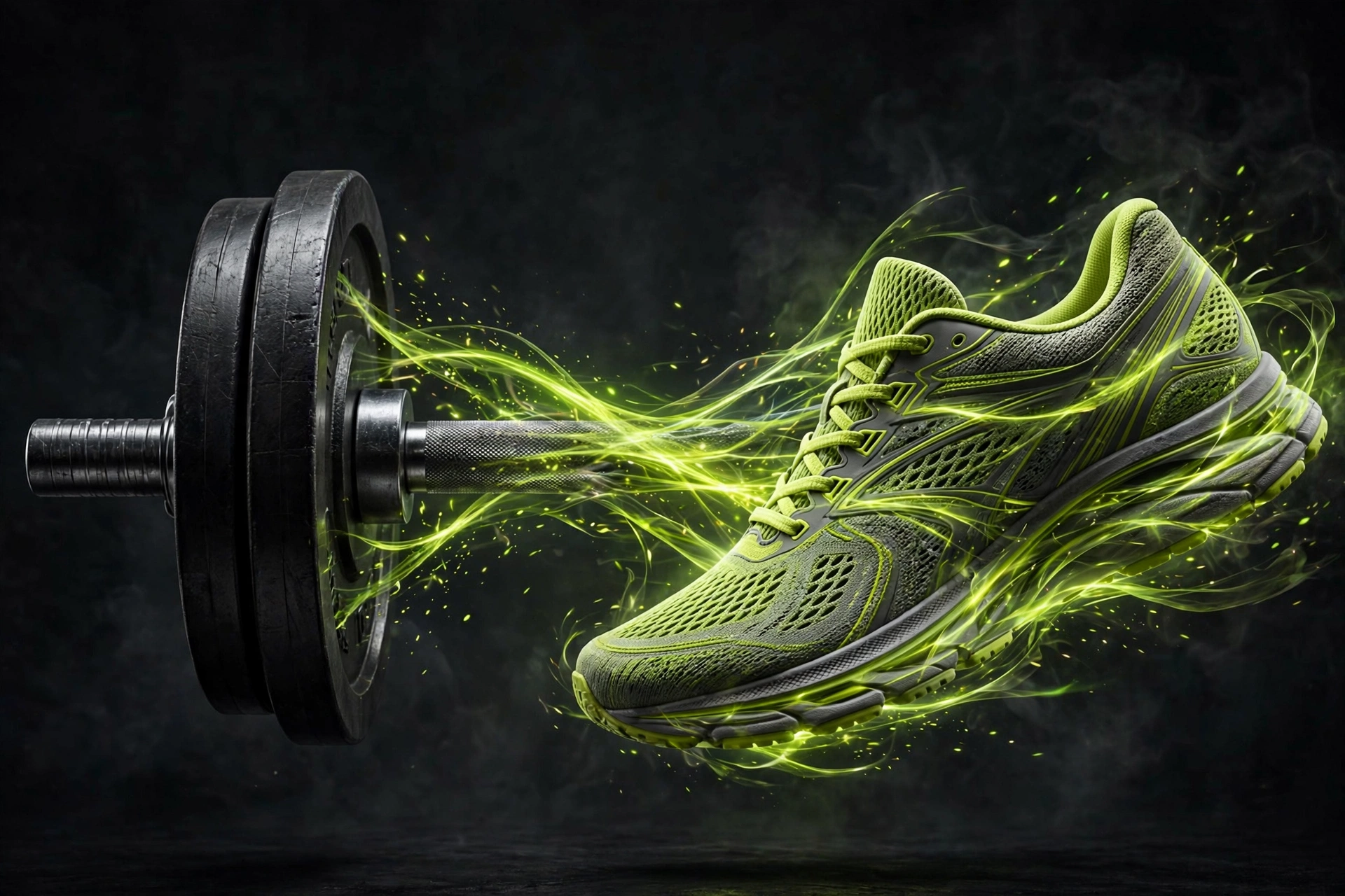 Dumbbell merging into a running shoe with lime-green energy