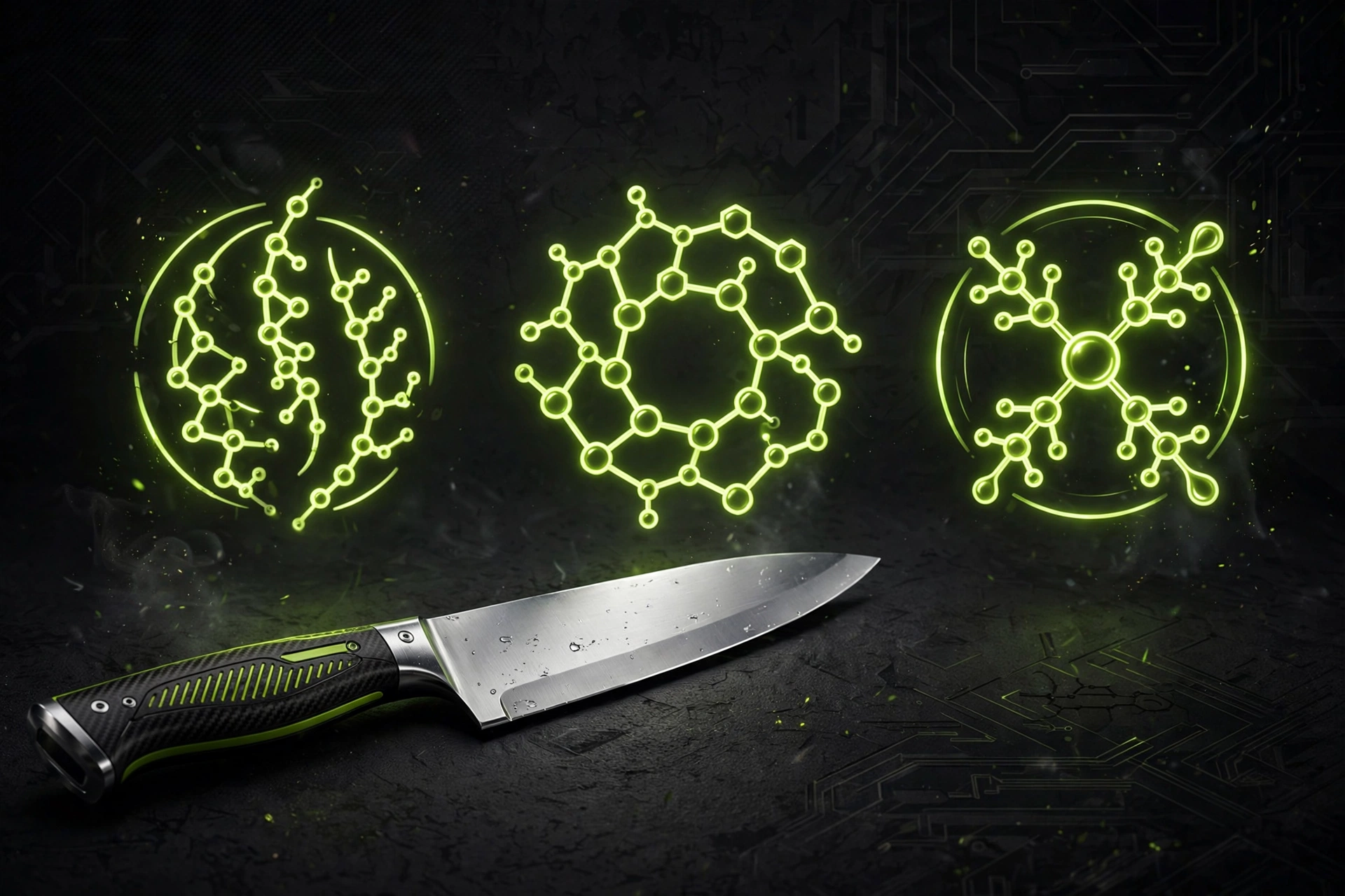 Chef's knife beside glowing macro-nutrient icons