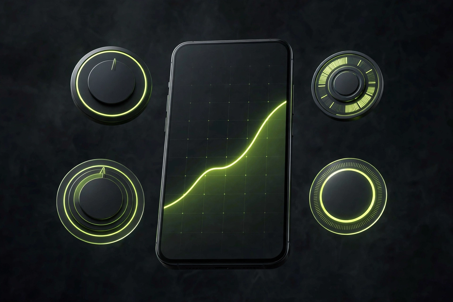 Phone showing a rising macro-tracking chart with macro dials