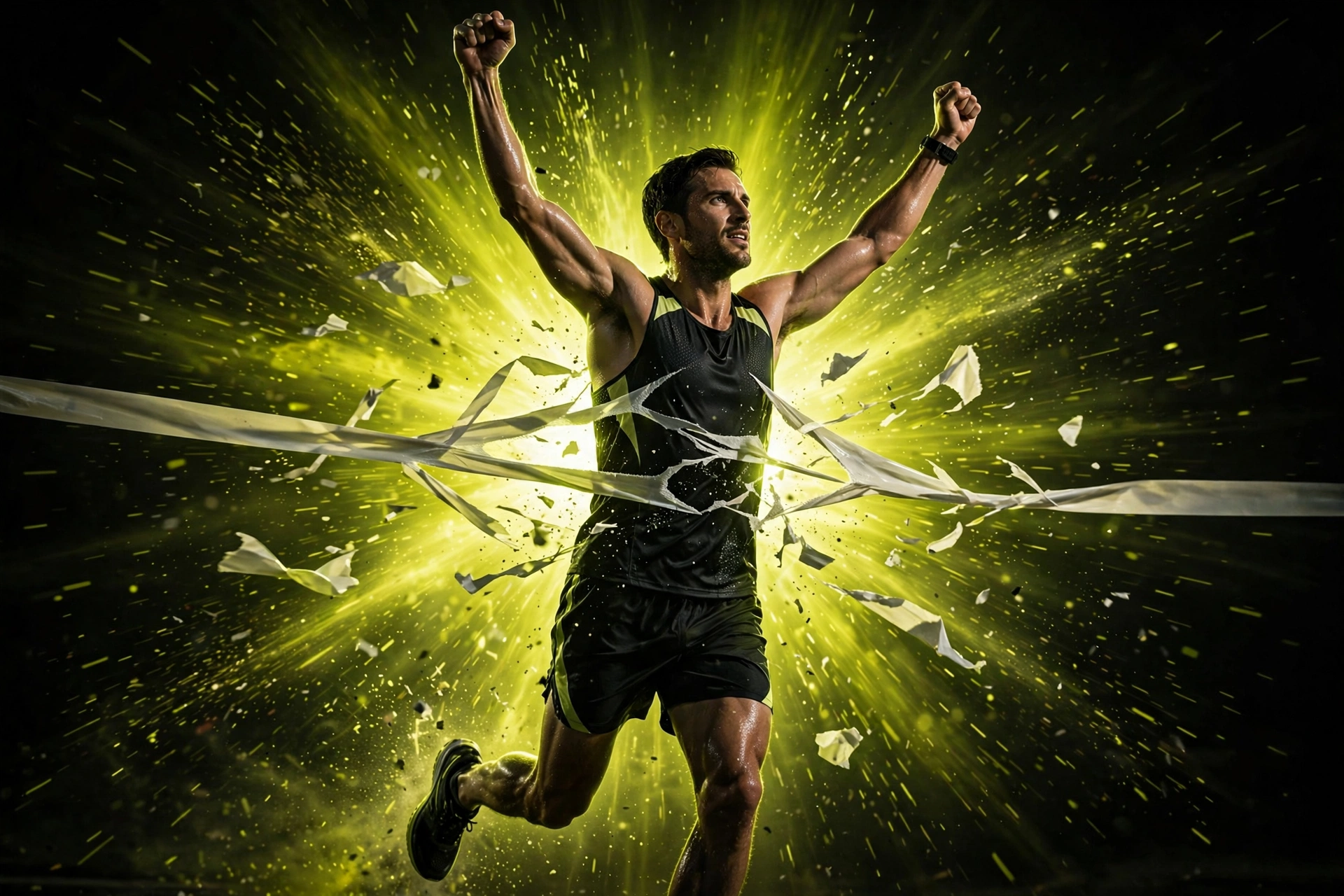 Runner breaking the finish tape in a burst of lime light