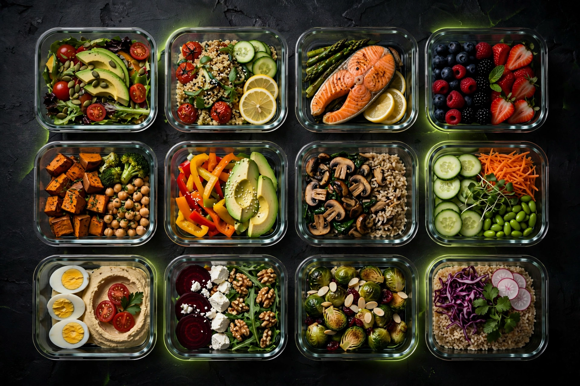 Rows of glass meal-prep containers filled with colorful healthy food