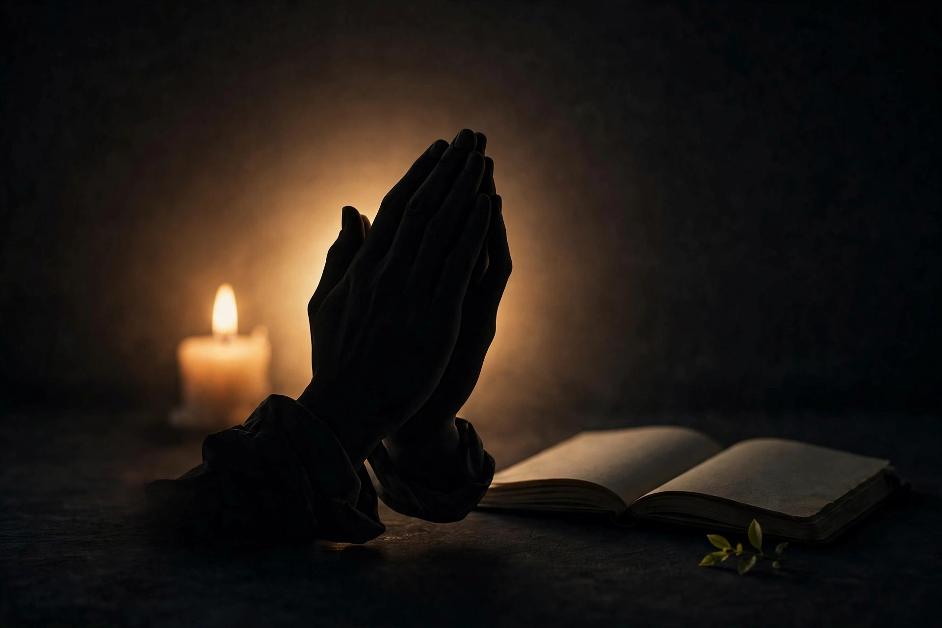 Folded hands in prayer by candlelight with an open journal