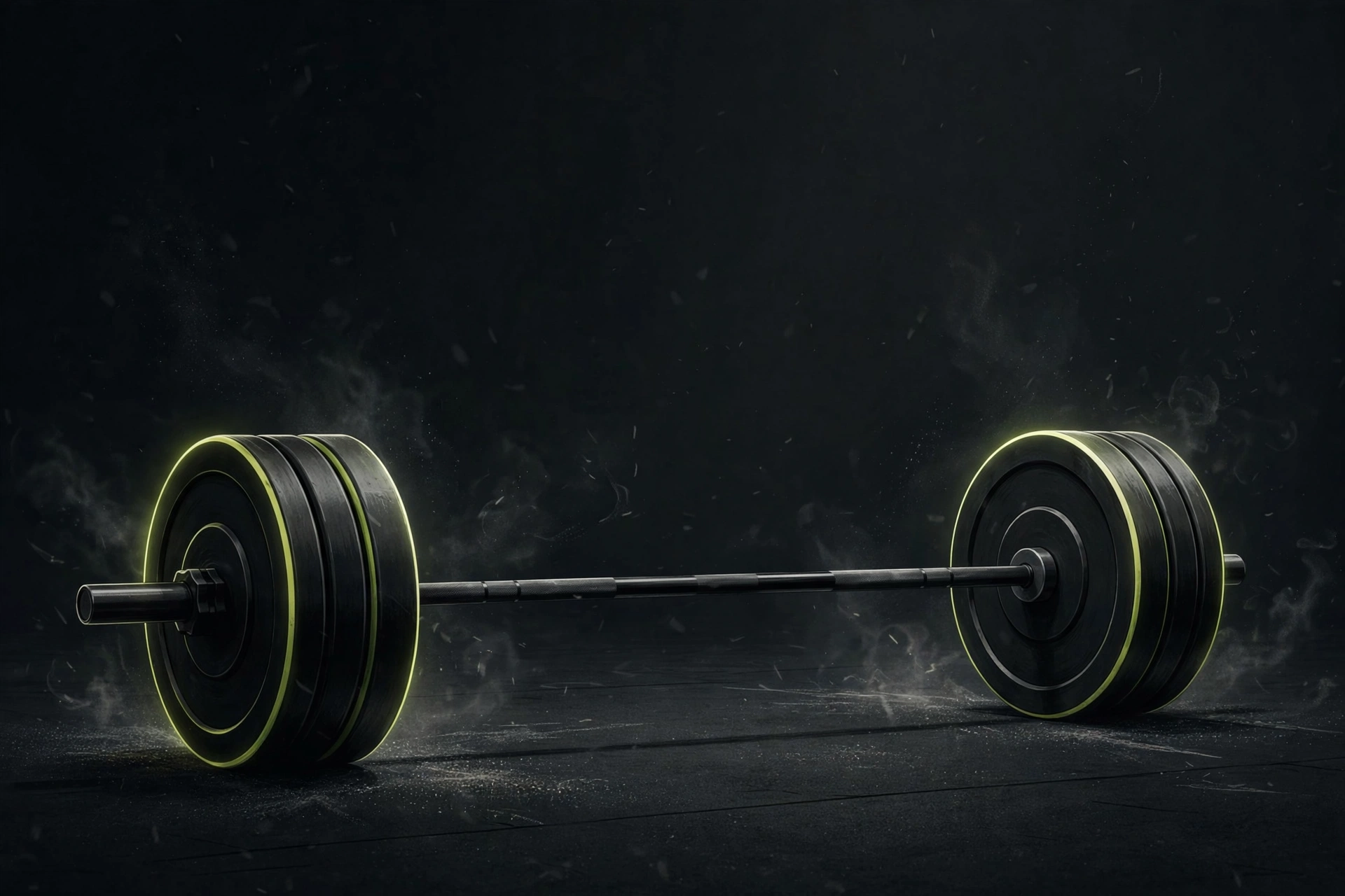 Barbell loaded with plates under dramatic lime-green light